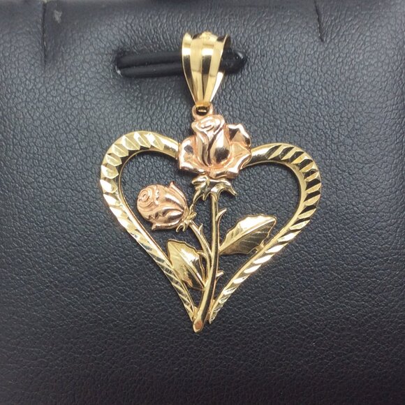 10k Yellow/Rose REAL Gold Pendant Heart Rose Flower Pendant charm 1.90grams